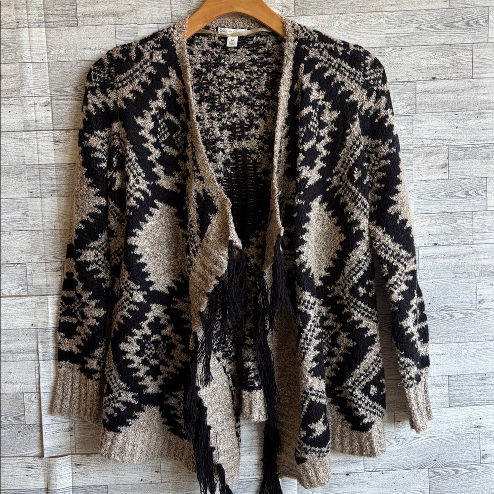 Cardigan Sweater Fringe Brown Black Aztec Western Print women’s medium CATO